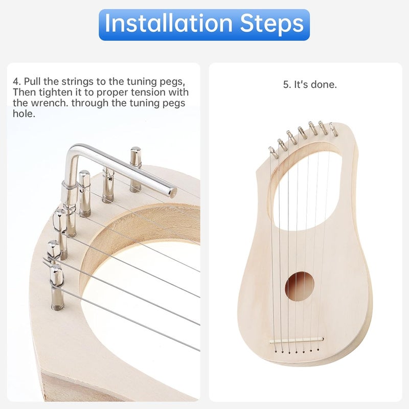 OriGlam Lyre Harp 7 String DIY Kit, Make Your Own Bass Wood, Lyres Wood Lyre Harp with String Post Saddle Tuning - Image 4